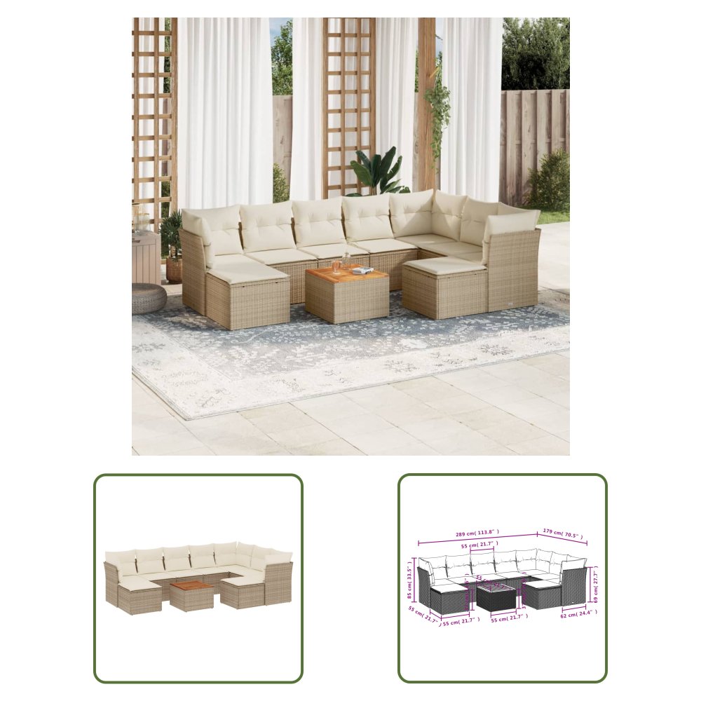 The Living Store 10-cz. zestaw mebli ogrodowych z poduszkami - beżowy - polirattan - Sofa Ogrodowa