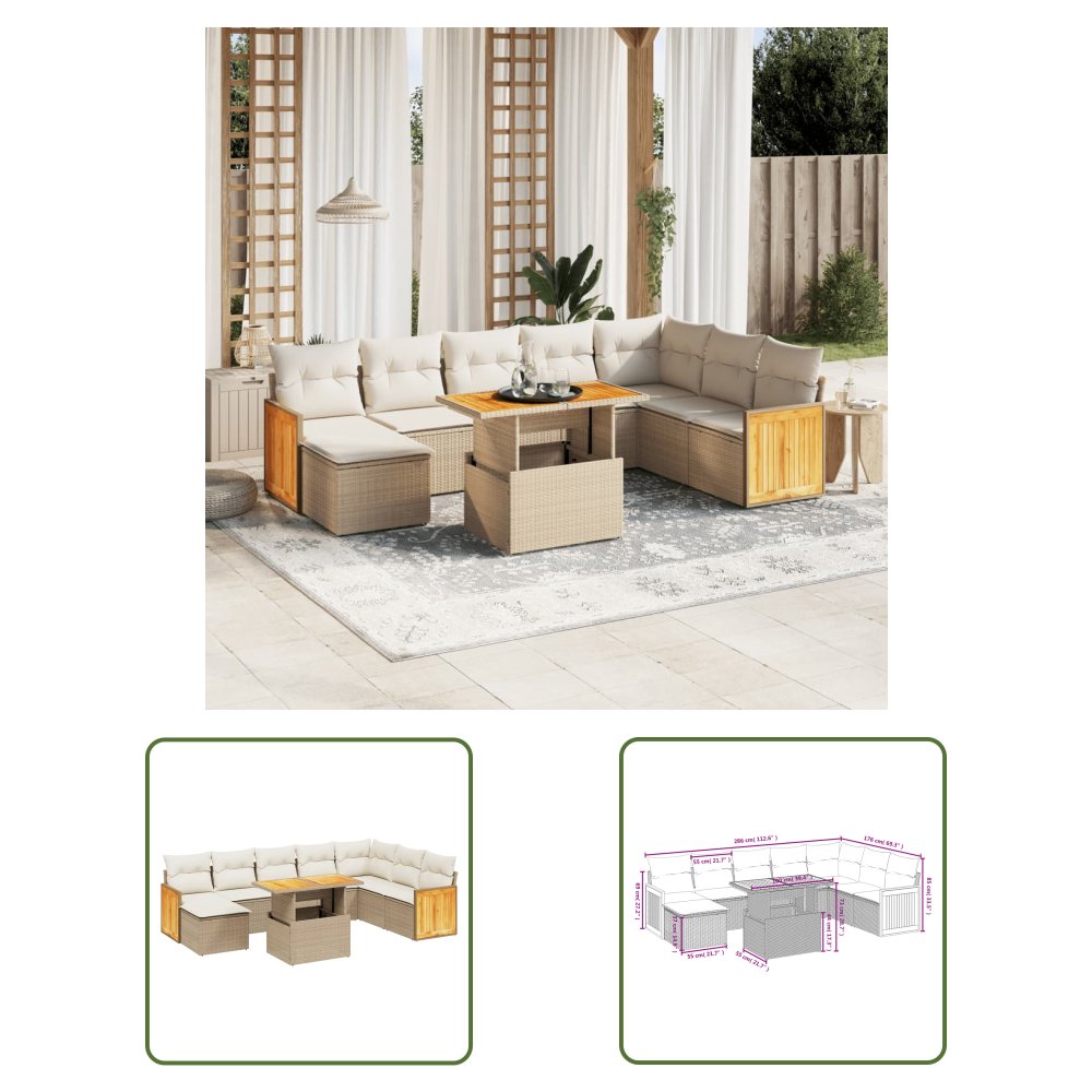 The Living Store 9-cz. zestaw mebli ogrodowych z poduszkami - beżowy - polirattan - Sofa Ogrodowa