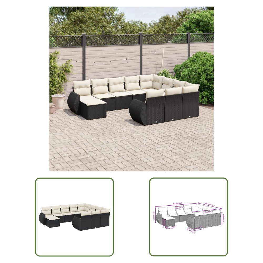 The Living Store 11-cz. zestaw wypoczynkowy do ogrodu - poduszki czarny rattan PE - Sofa Ogrodowa