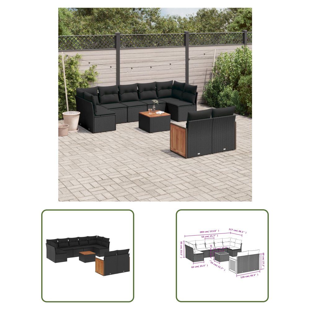 The Living Store 10-cz. zestaw wypoczynkowy do ogrodu - poduszki czarny rattan PE - Sofa Ogrodowa