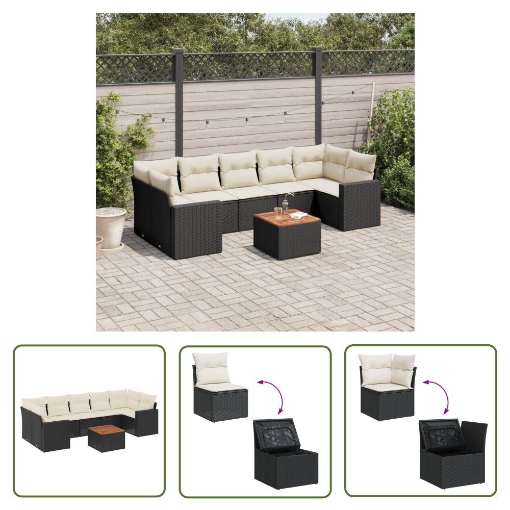 The Living Store 8-cz. zestaw wypoczynkowy do ogrodu - z poduszkami - czarny - Sofa Ogrodowa