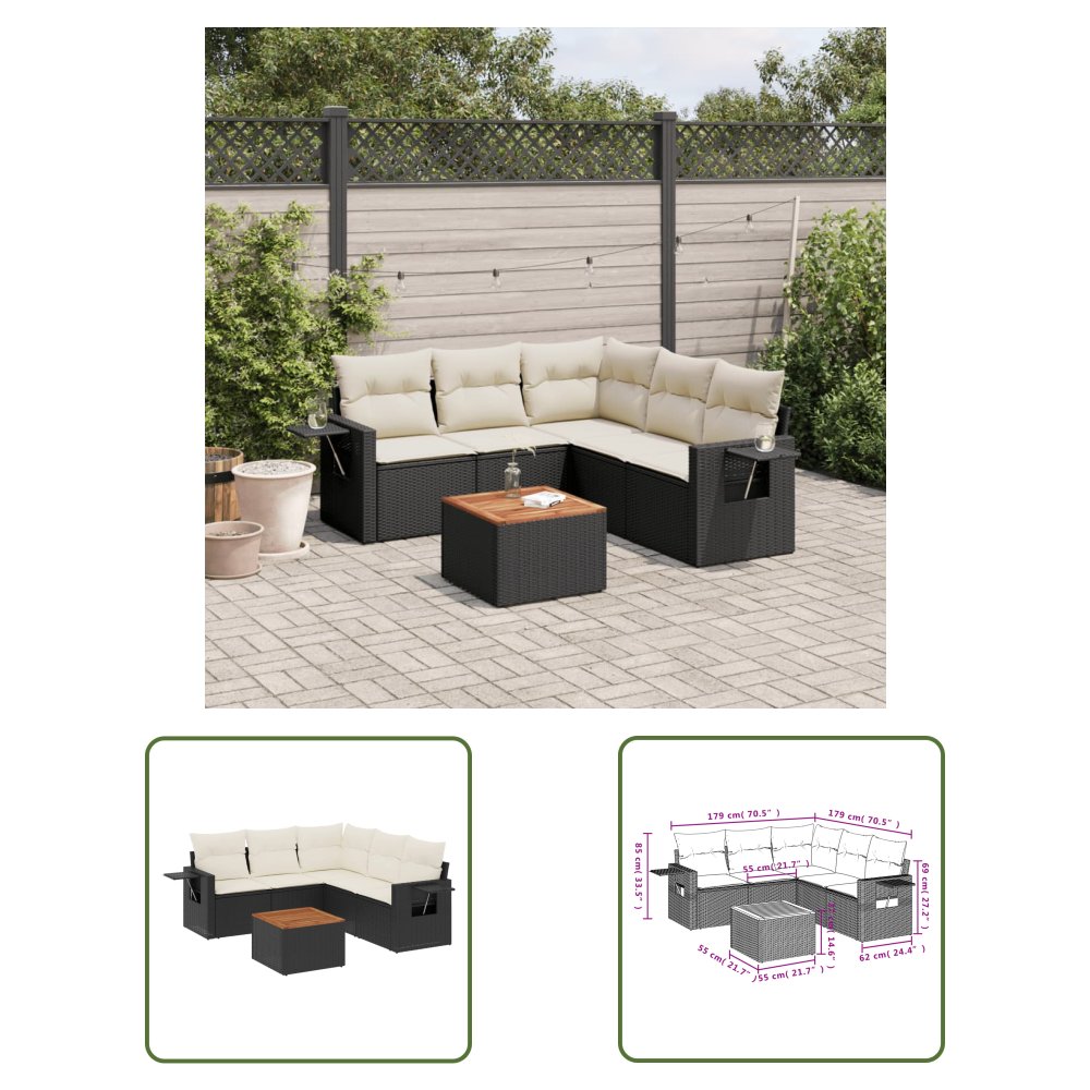 The Living Store 6-cz. zestaw mebli ogrodowych z poduszkami - czarny polirattan - Sofa Ogrodowa