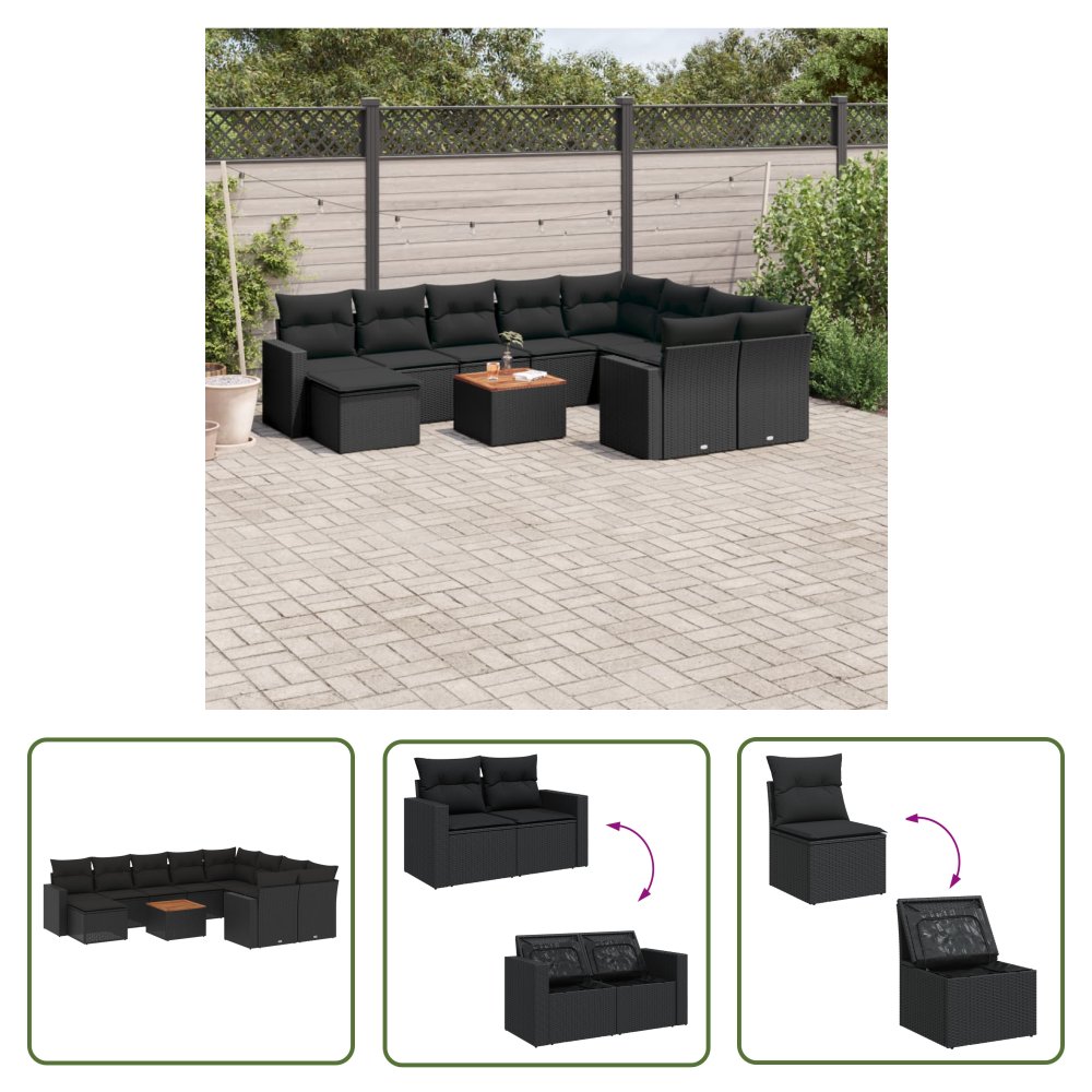 The Living Store 11-cz. zestaw wypoczynkowy do ogrodu - poduszki czarny rattan PE - Sofa Ogrodowa