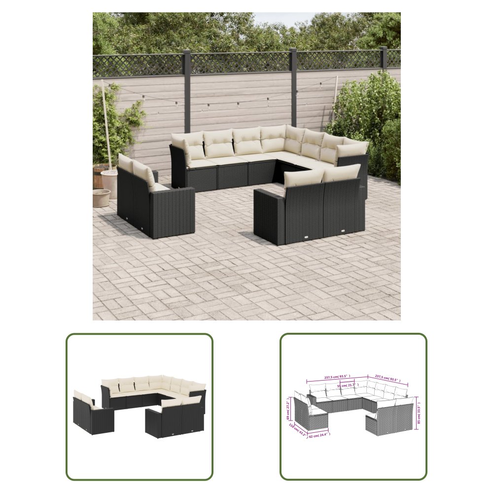 The Living Store 11-cz. zestaw wypoczynkowy do ogrodu - poduszki czarny rattan PE - Sofa Ogrodowa