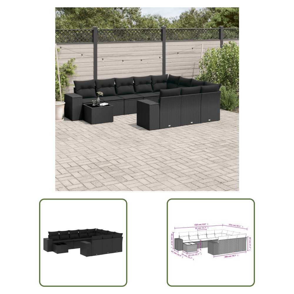 The Living Store 11-cz. zestaw wypoczynkowy do ogrodu - poduszki czarny rattan PE - Sofa Ogrodowa