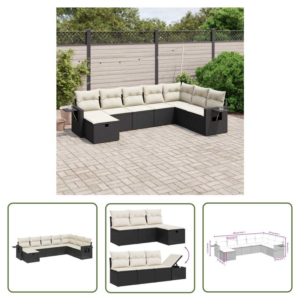 The Living Store 8-cz. zestaw wypoczynkowy do ogrodu - z poduszkami - czarny - Sofa Ogrodowa