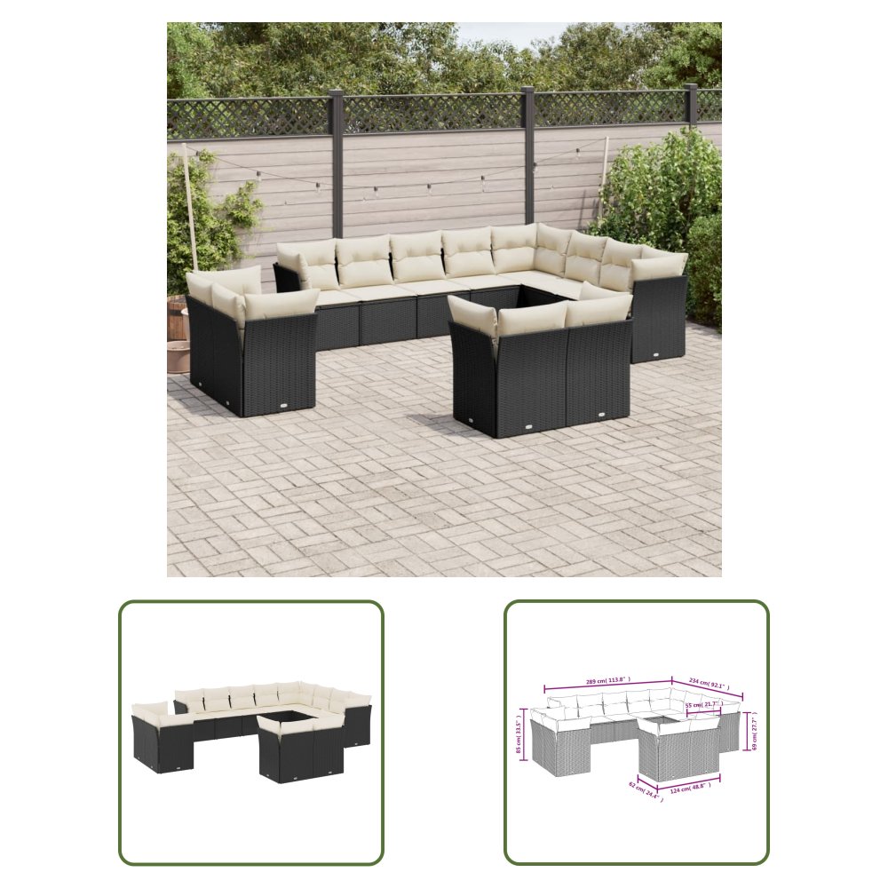 The Living Store 12-cz. zestaw mebli do ogrodu - z poduszkami - czarny - polirattan - Sofa Ogrodowa