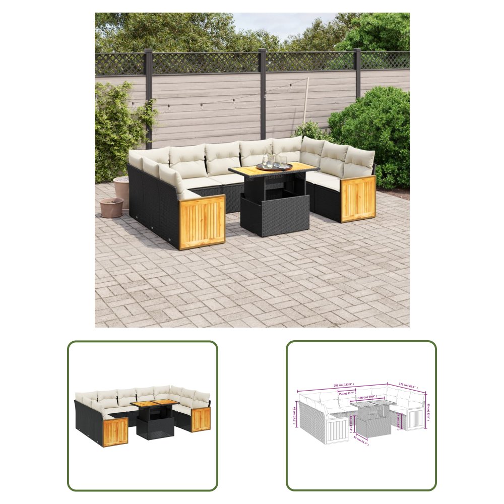 The Living Store 10-cz. zestaw wypoczynkowy do ogrodu - poduszki czarny rattan PE - Sofa Ogrodowa