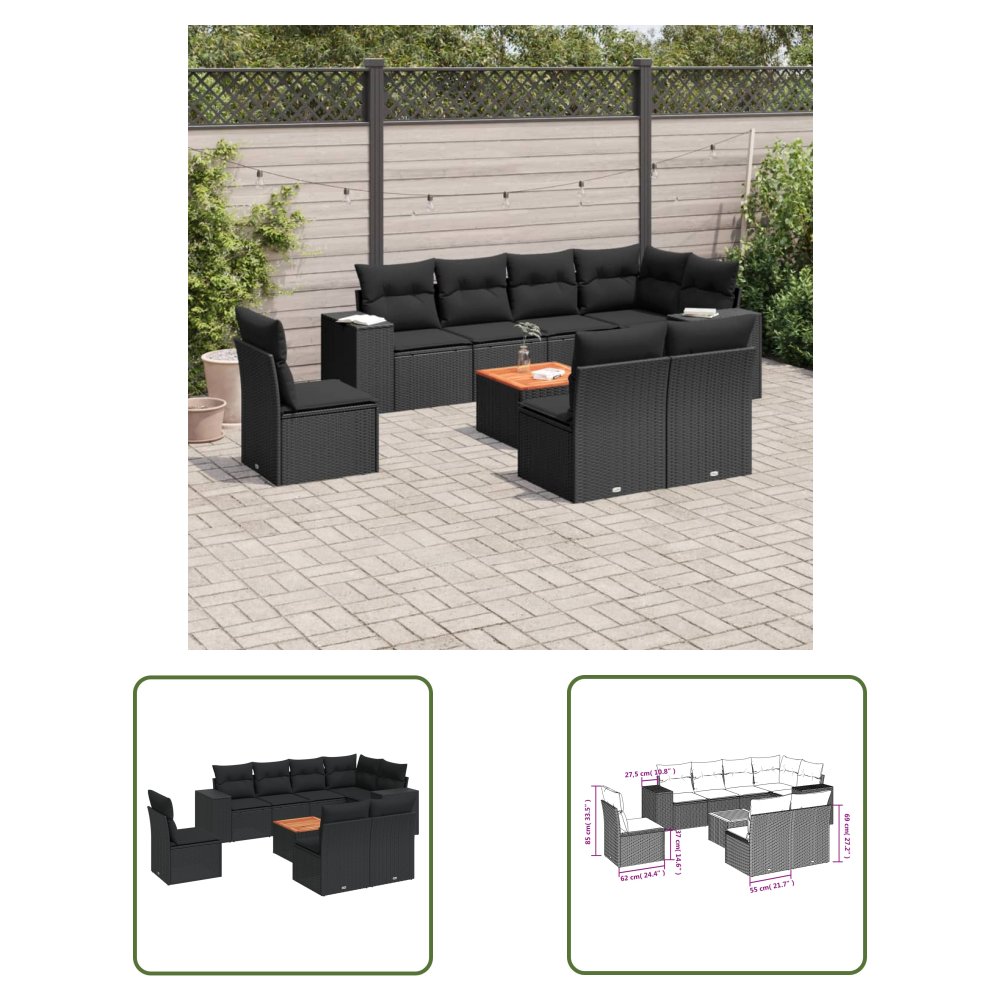 The Living Store 9-cz. zestaw wypoczynkowy do ogrodu - z poduszkami - czarny - Sofa Ogrodowa