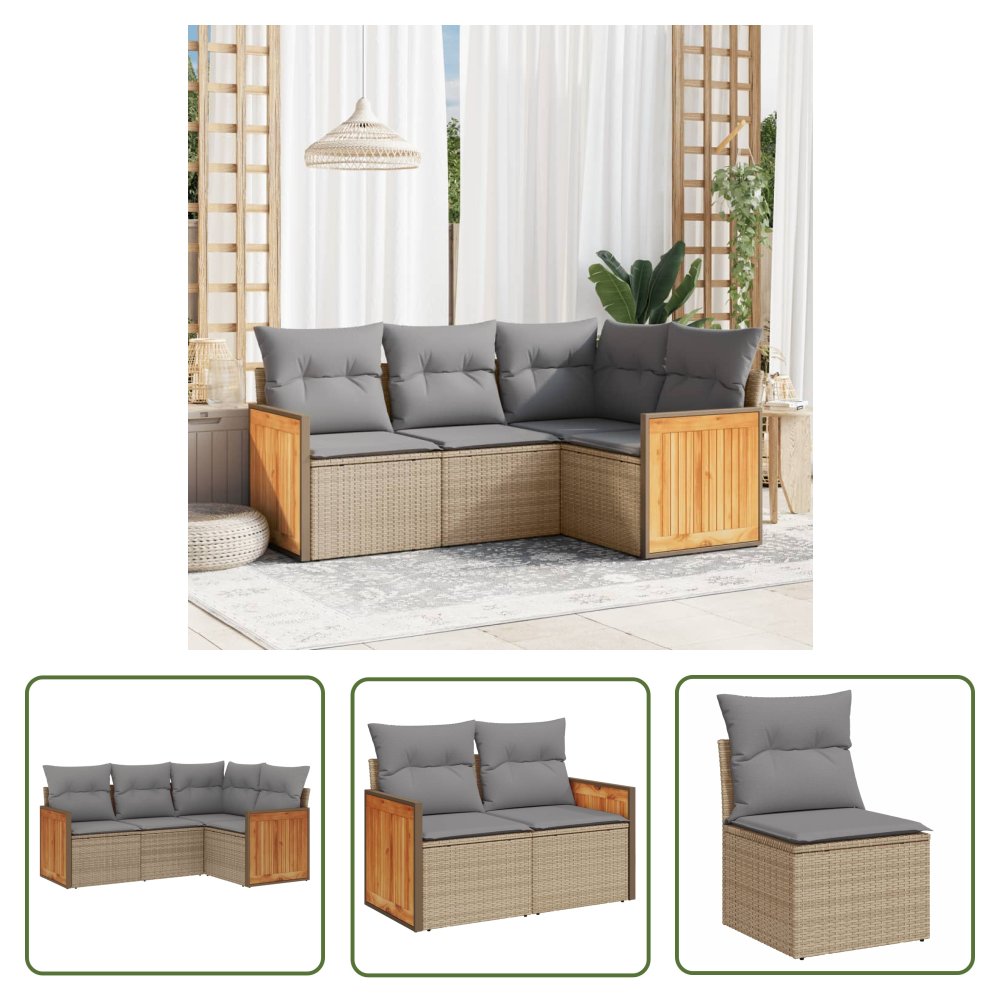 The Living Store 4-cz. zestaw mebli ogrodowych z poduszkami - beżowy - polirattan - Sofa Ogrodowa
