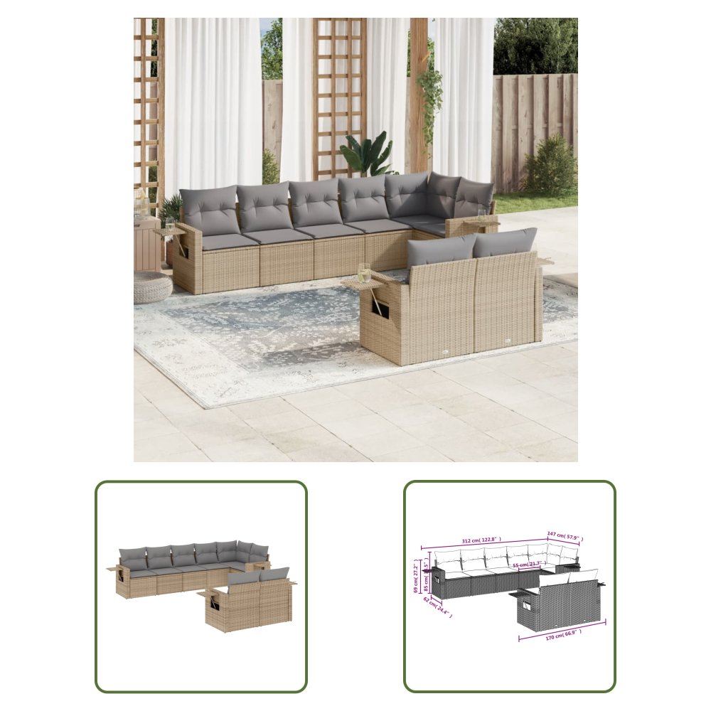 The Living Store 8-cz. zestaw mebli ogrodowych z poduszkami - beżowy - polirattan - Sofa Ogrodowa