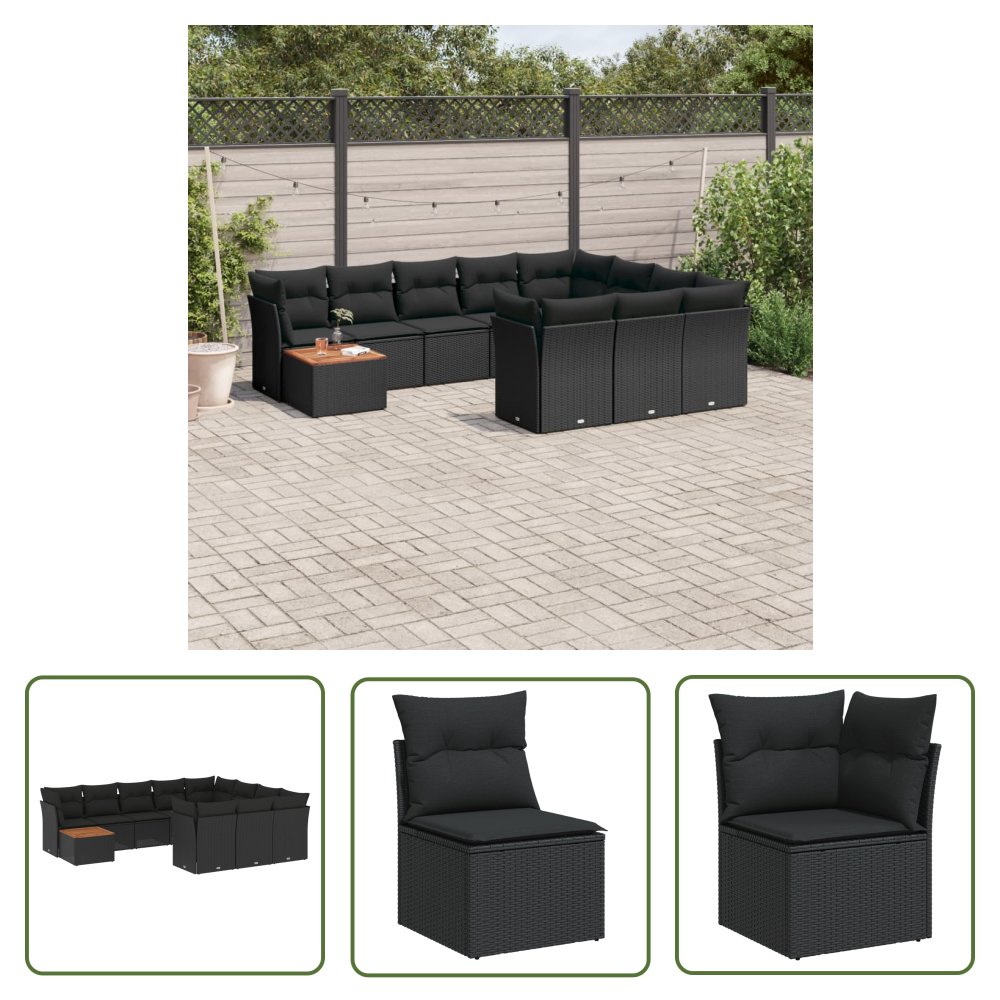 The Living Store 11-cz. zestaw wypoczynkowy do ogrodu - poduszki czarny rattan PE - Sofa Ogrodowa