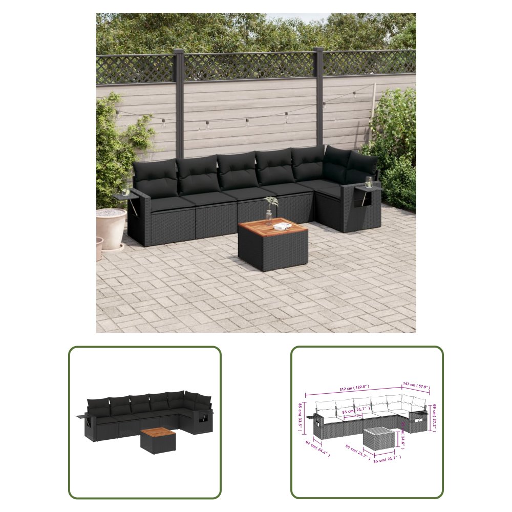 The Living Store 7-cz. zestaw wypoczynkowy do ogrodu - z poduszkami - czarny - Sofa Ogrodowa