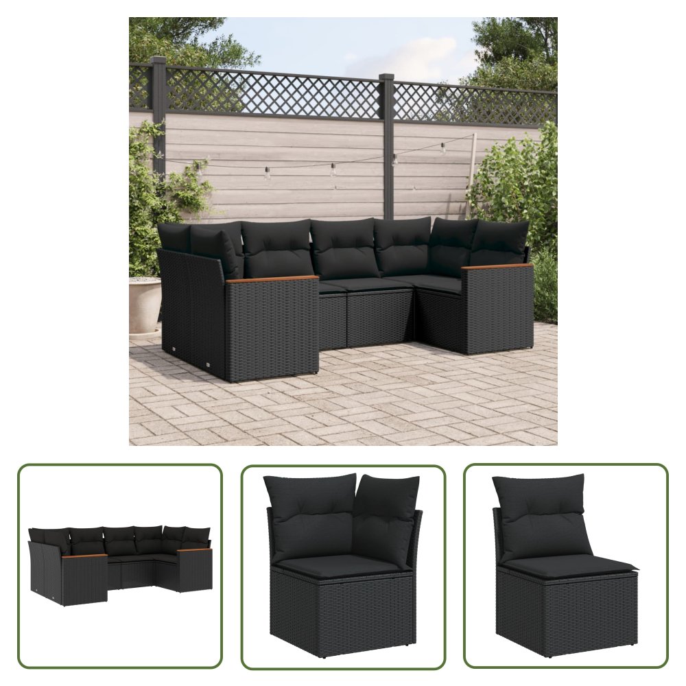 The Living Store 6-cz. zestaw mebli ogrodowych z poduszkami - czarny polirattan - Sofa Ogrodowa