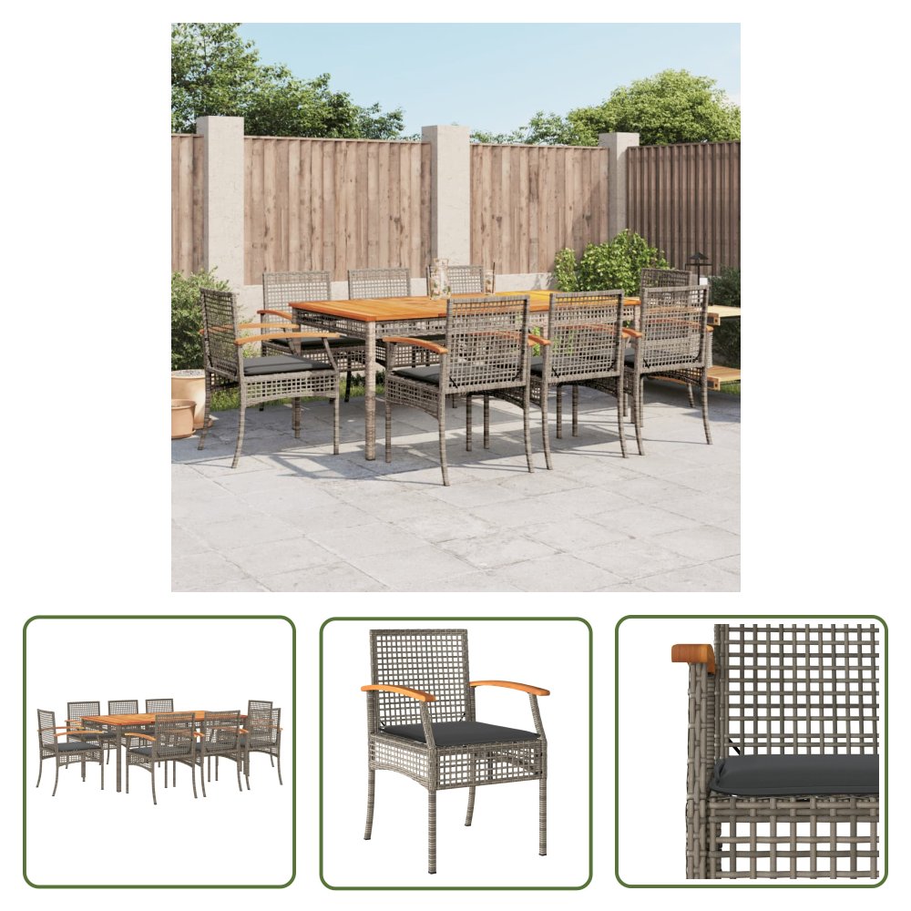 The Living Store 9-cz. zestaw mebli ogrodowych z poduszkami - szary - rattan PE - Meble Ogrodowe