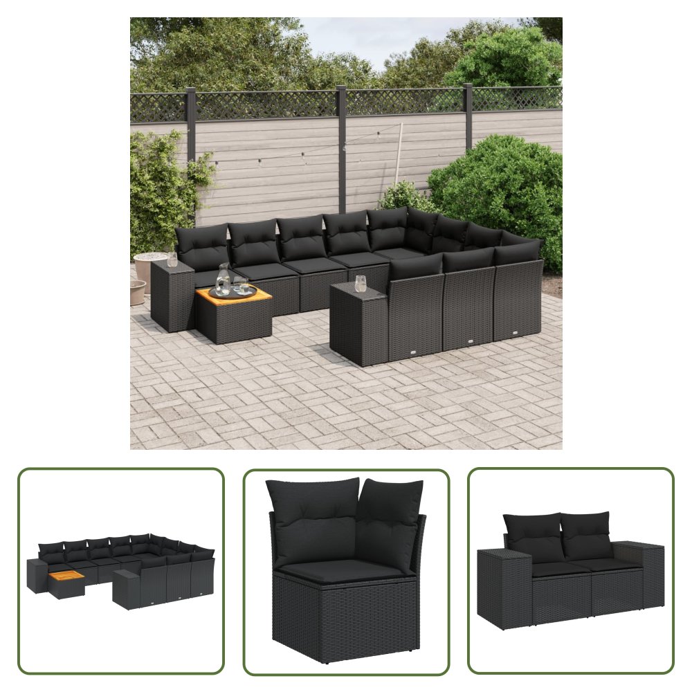 The Living Store 11-cz. zestaw wypoczynkowy do ogrodu - poduszki czarny rattan PE - Sofa Ogrodowa