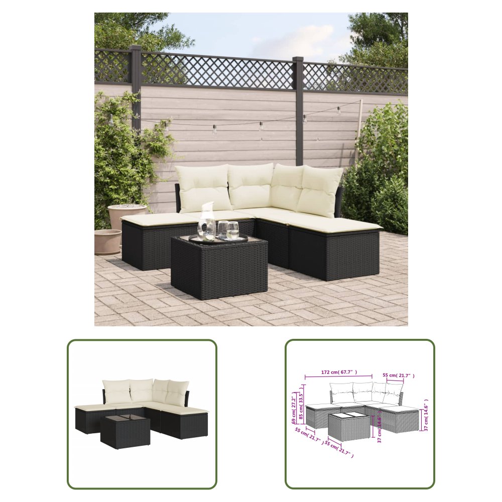 The Living Store 6-cz. zestaw mebli ogrodowych z poduszkami - czarny polirattan - Sofa Ogrodowa