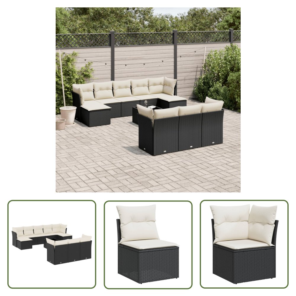 The Living Store 11-cz. zestaw wypoczynkowy do ogrodu - poduszki czarny rattan PE - Sofa Ogrodowa