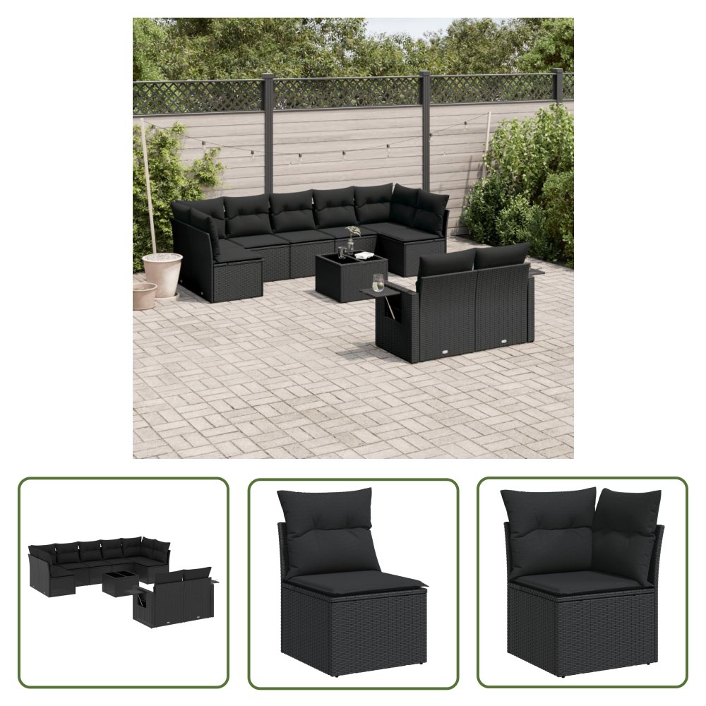 The Living Store 10-cz. zestaw wypoczynkowy do ogrodu - poduszki czarny rattan PE - Sofa Ogrodowa