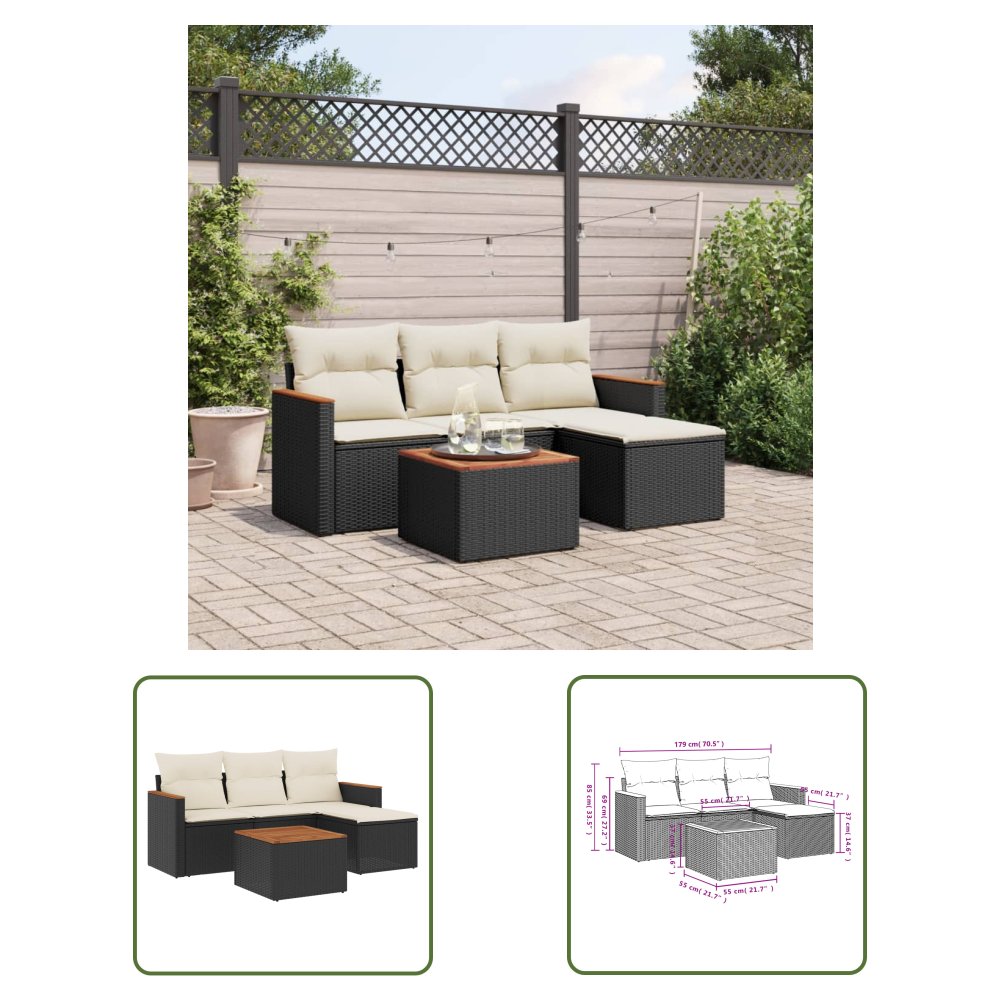 The Living Store 5-cz. zestaw wypoczynkowy do ogrodu - poduszki - czarny rattan PE - Sofa Ogrodowa