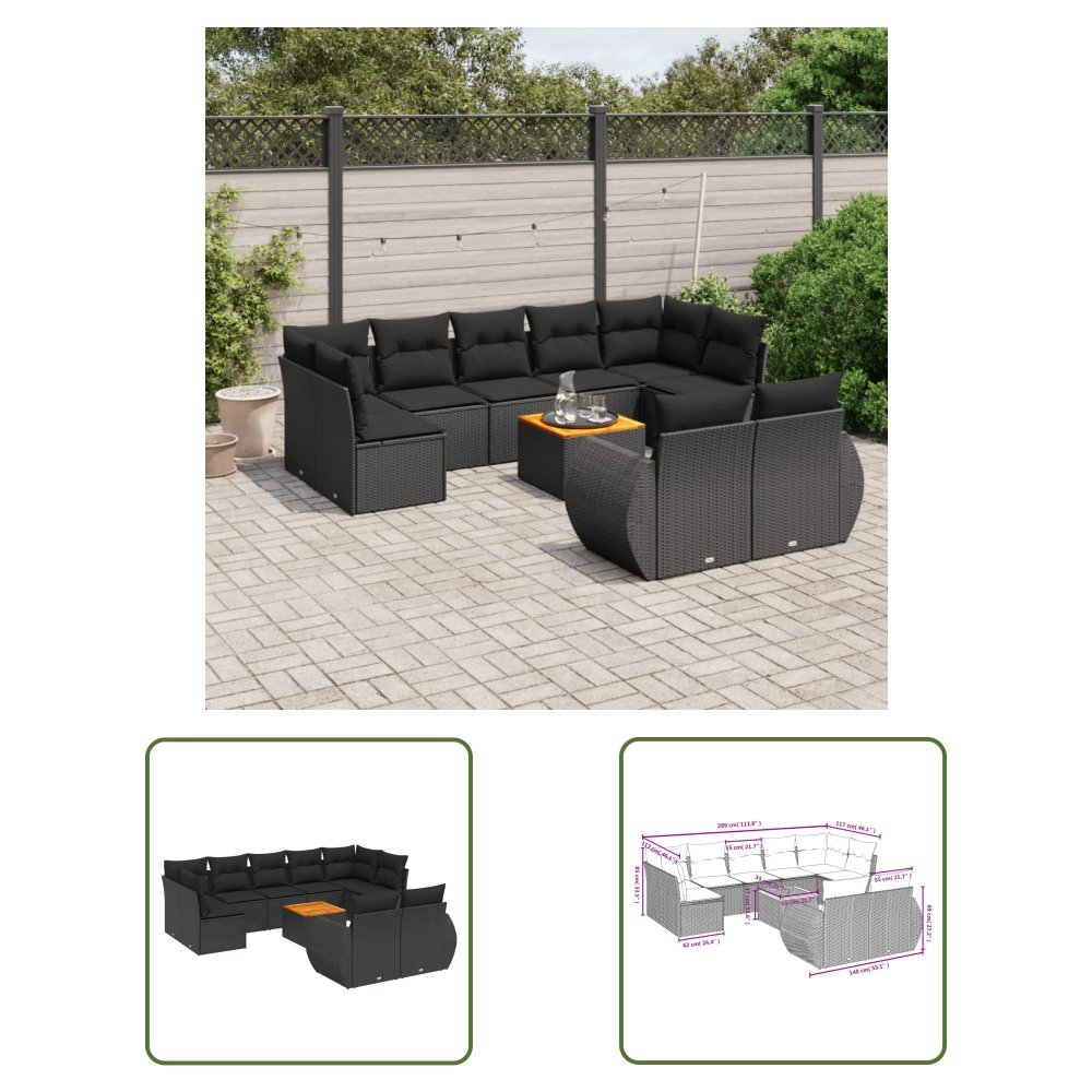 The Living Store 10-cz. zestaw wypoczynkowy do ogrodu - poduszki czarny rattan PE - Sofa Ogrodowa