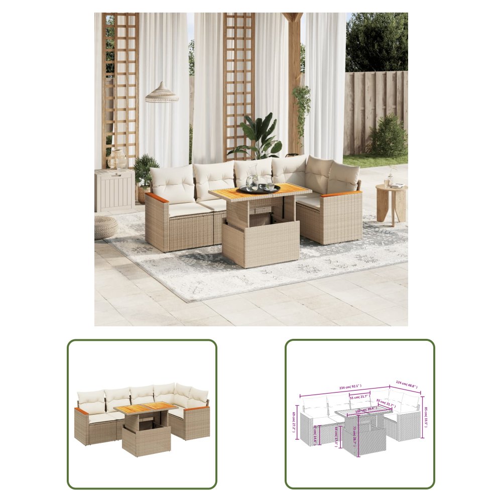 The Living Store 6-cz. zestaw mebli ogrodowych z poduszkami - beżowy - polirattan - Sofa Ogrodowa