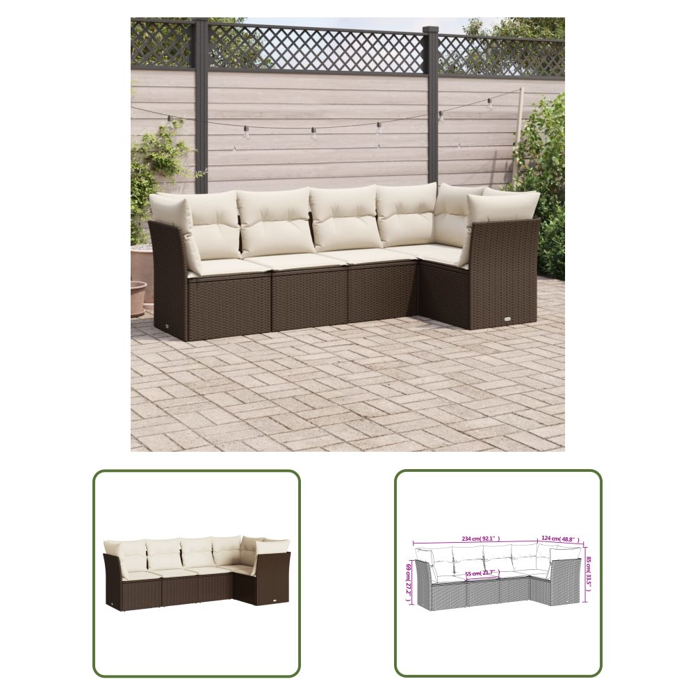 The Living Store 5-cz. zestaw mebli ogrodowych z poduszkami - brązowy - polirattan - Sofa Ogrodowa