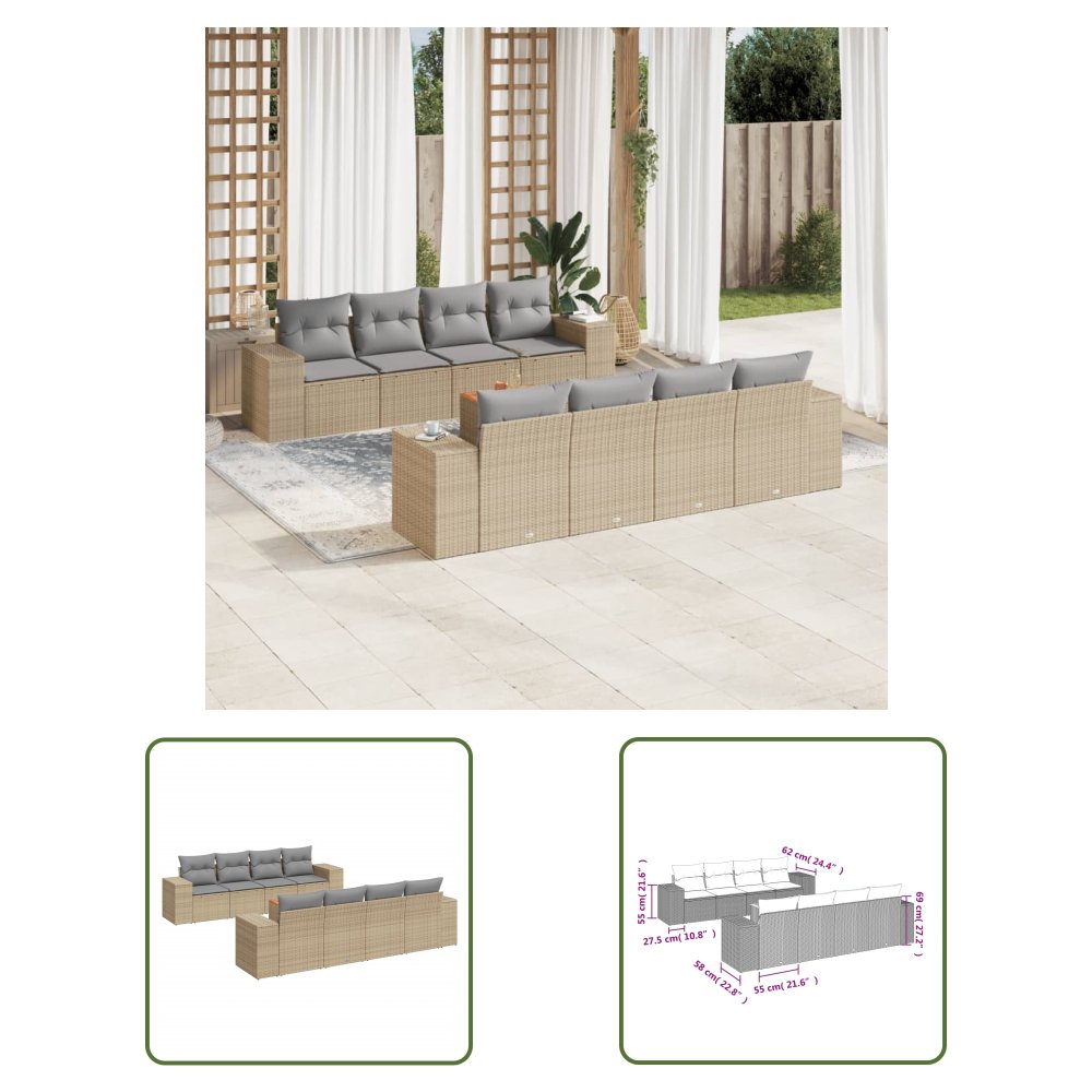 The Living Store 9-cz. zestaw mebli ogrodowych z poduszkami - beżowy - polirattan - Sofa Ogrodowa