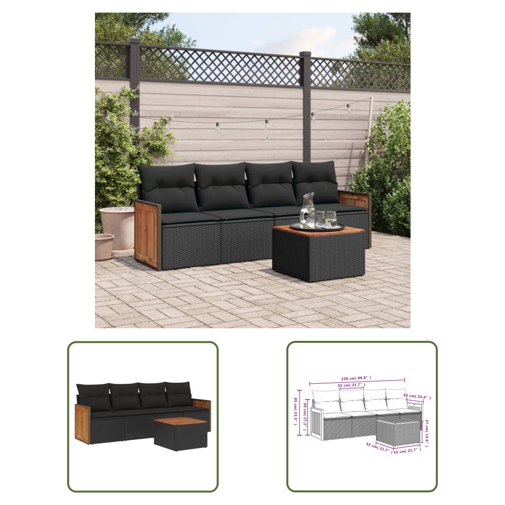 The Living Store 5-cz. zestaw wypoczynkowy do ogrodu - poduszki - czarny rattan PE - Sofa Ogrodowa