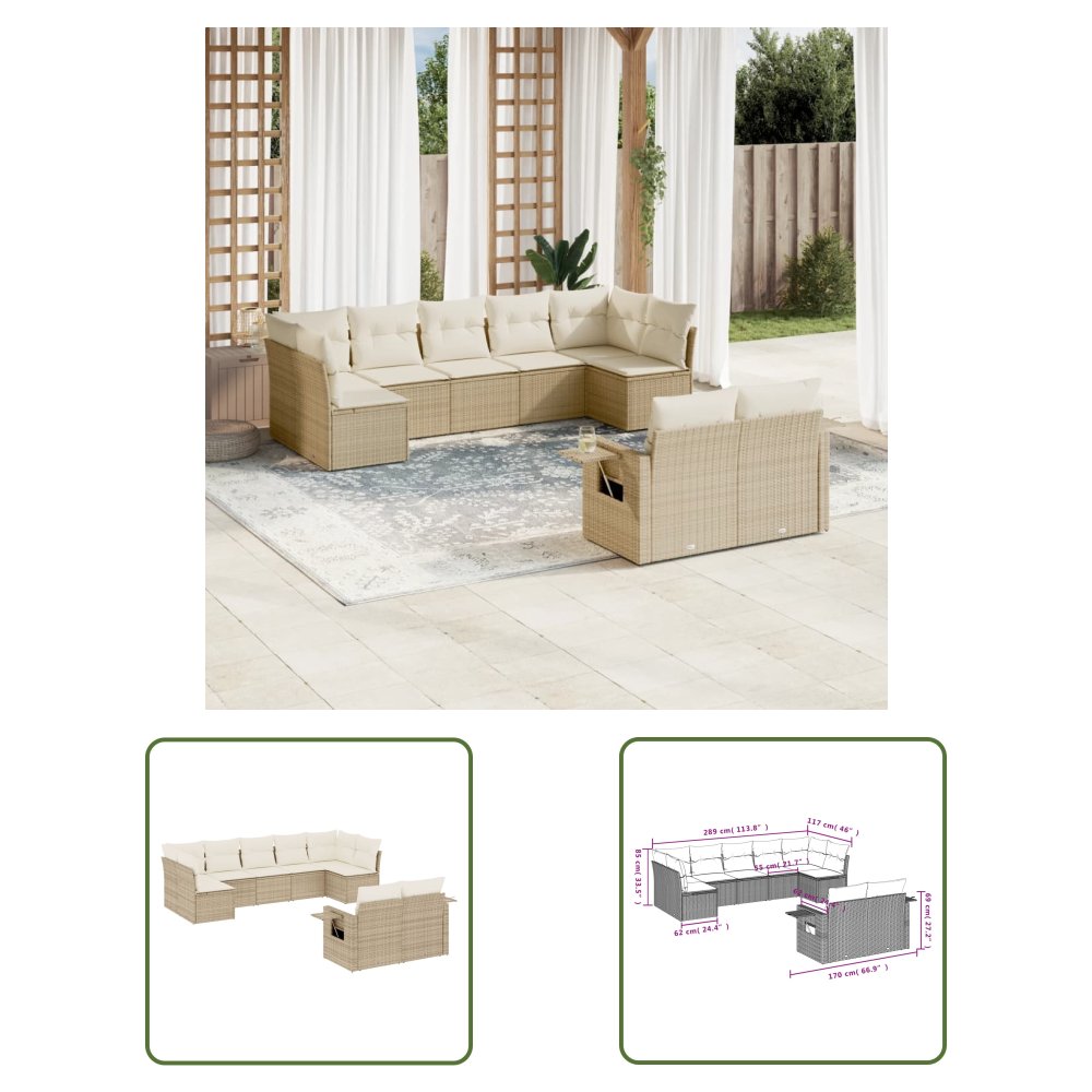 The Living Store 9-cz. zestaw mebli ogrodowych z poduszkami - beżowy - polirattan - Sofa Ogrodowa