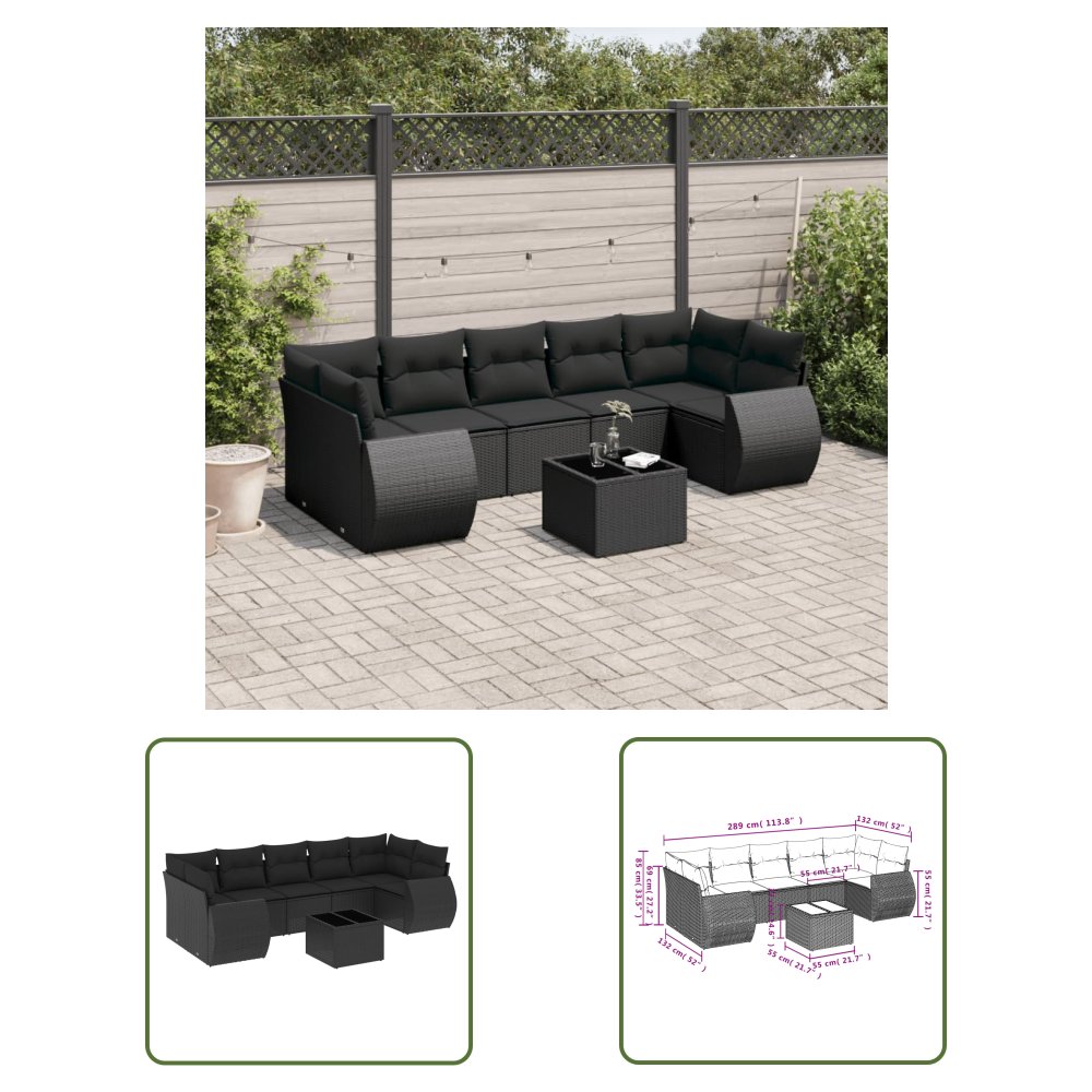 The Living Store 8-cz. zestaw wypoczynkowy do ogrodu - z poduszkami - czarny - Sofa Ogrodowa