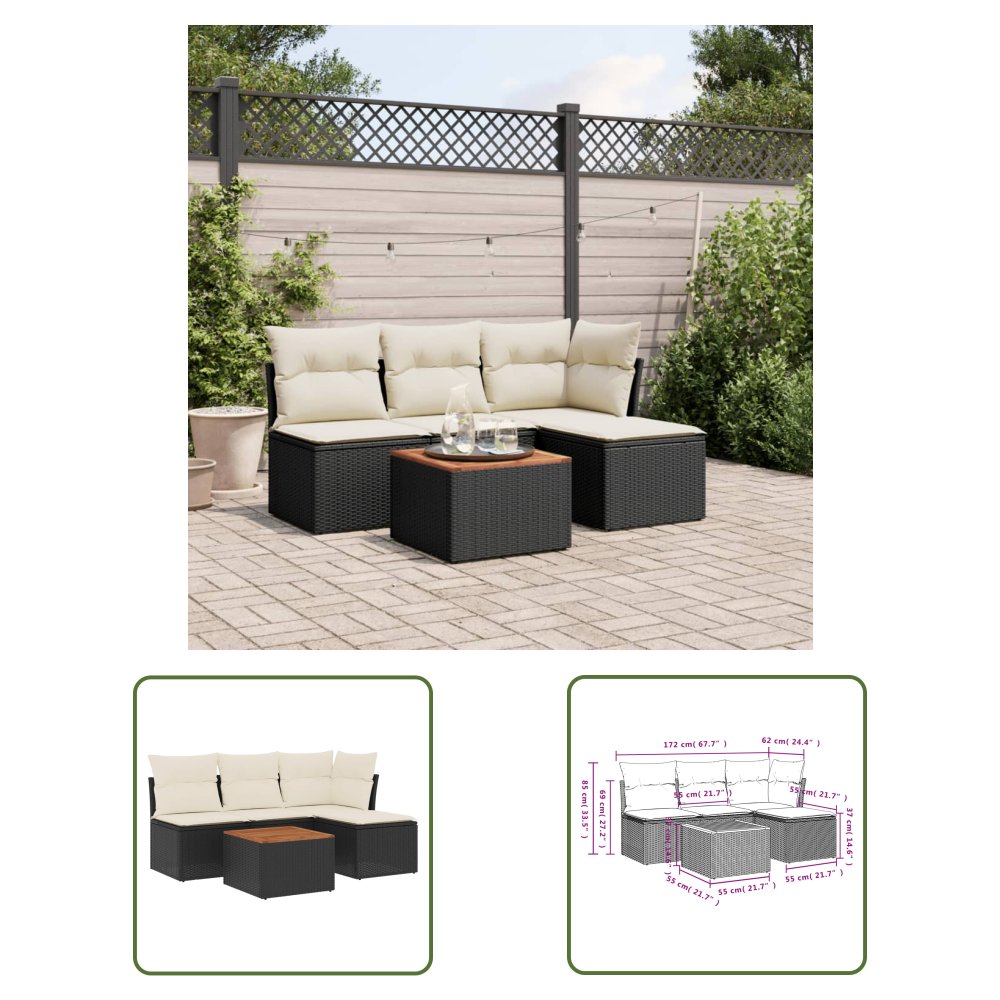 The Living Store 5-cz. zestaw wypoczynkowy do ogrodu - poduszki - czarny rattan PE - Sofa Ogrodowa