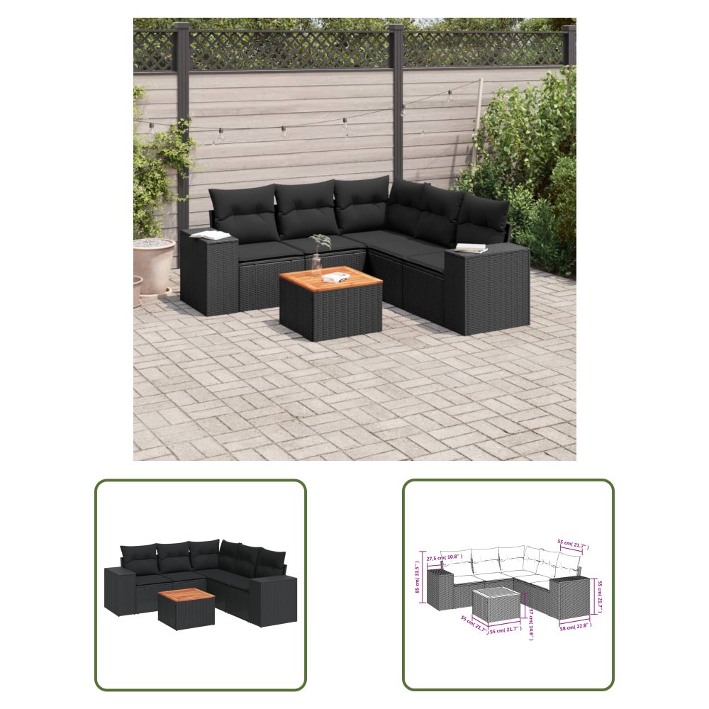 The Living Store 6-cz. zestaw mebli ogrodowych z poduszkami - czarny polirattan - Sofa Ogrodowa