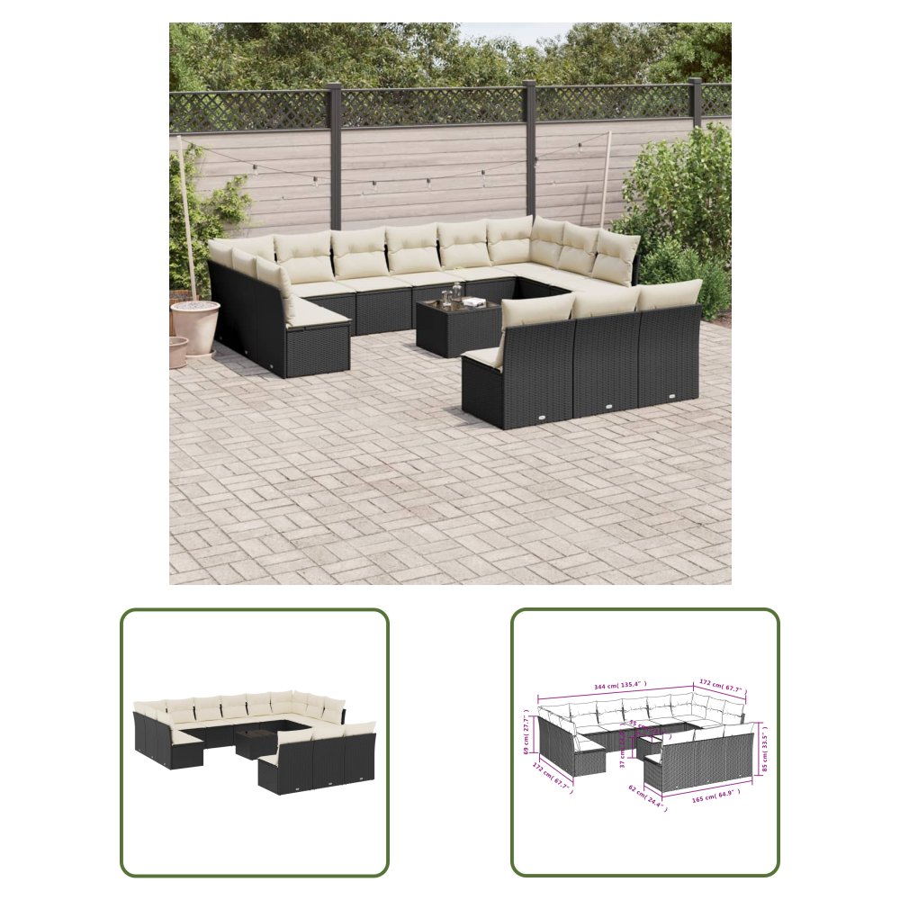 The Living Store 14-cz. zestaw wypoczynkowy do ogrodu - poduszki czarny rattan PE - Sofa Ogrodowa