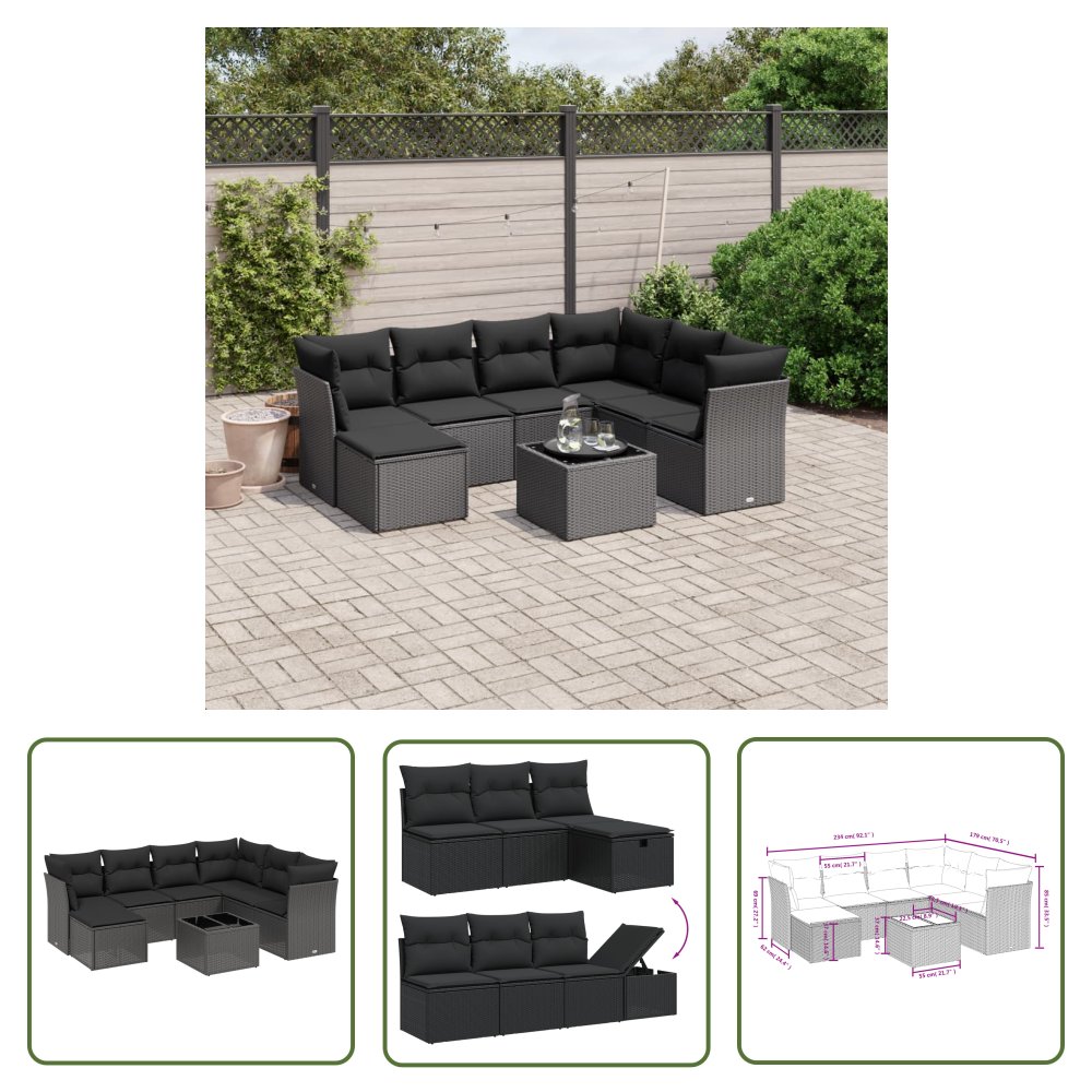 The Living Store 8-cz. zestaw wypoczynkowy do ogrodu - z poduszkami - czarny - Sofa Ogrodowa