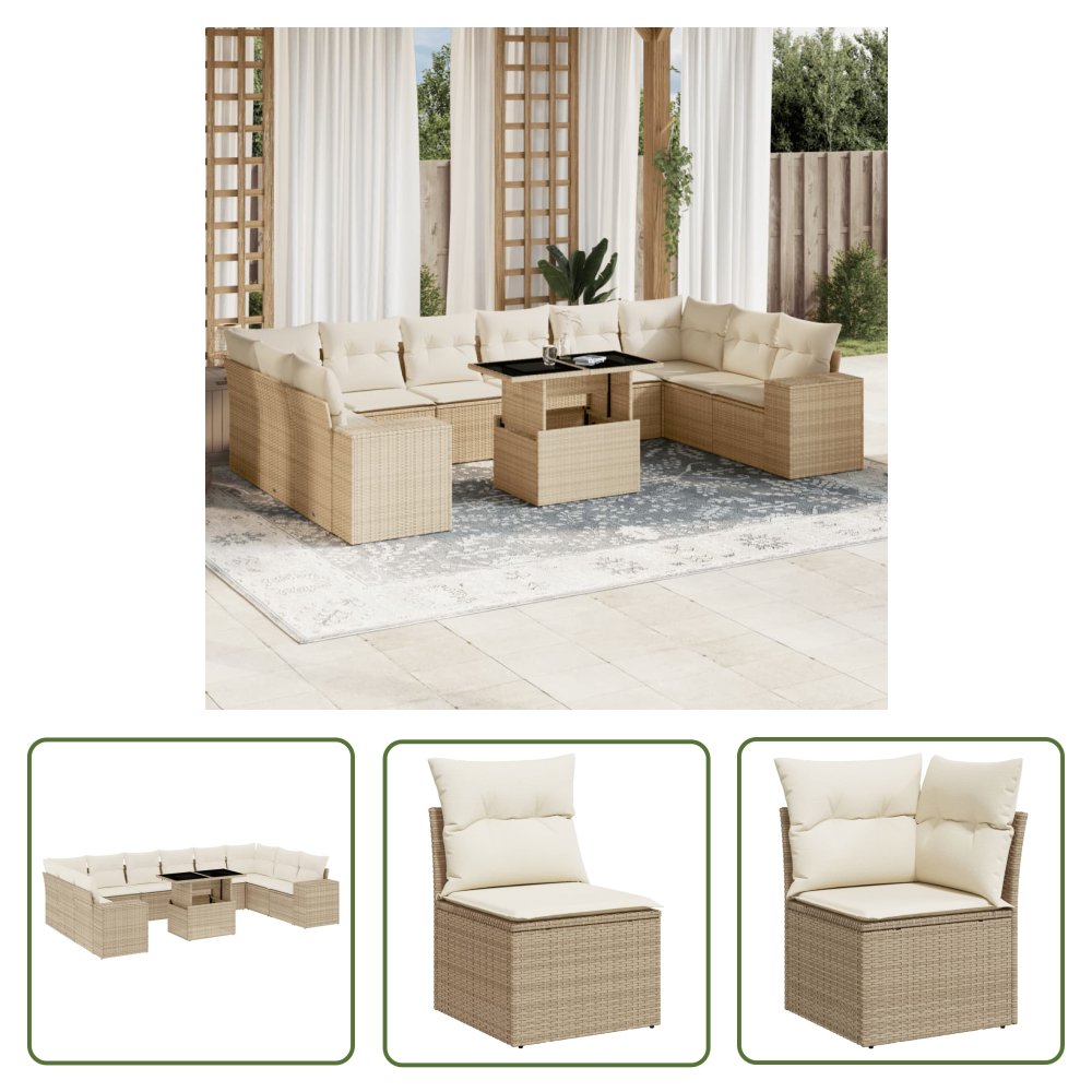 The Living Store 11-cz. zestaw mebli ogrodowych z poduszkami - beżowy - polirattan - Sofa Ogrodowa