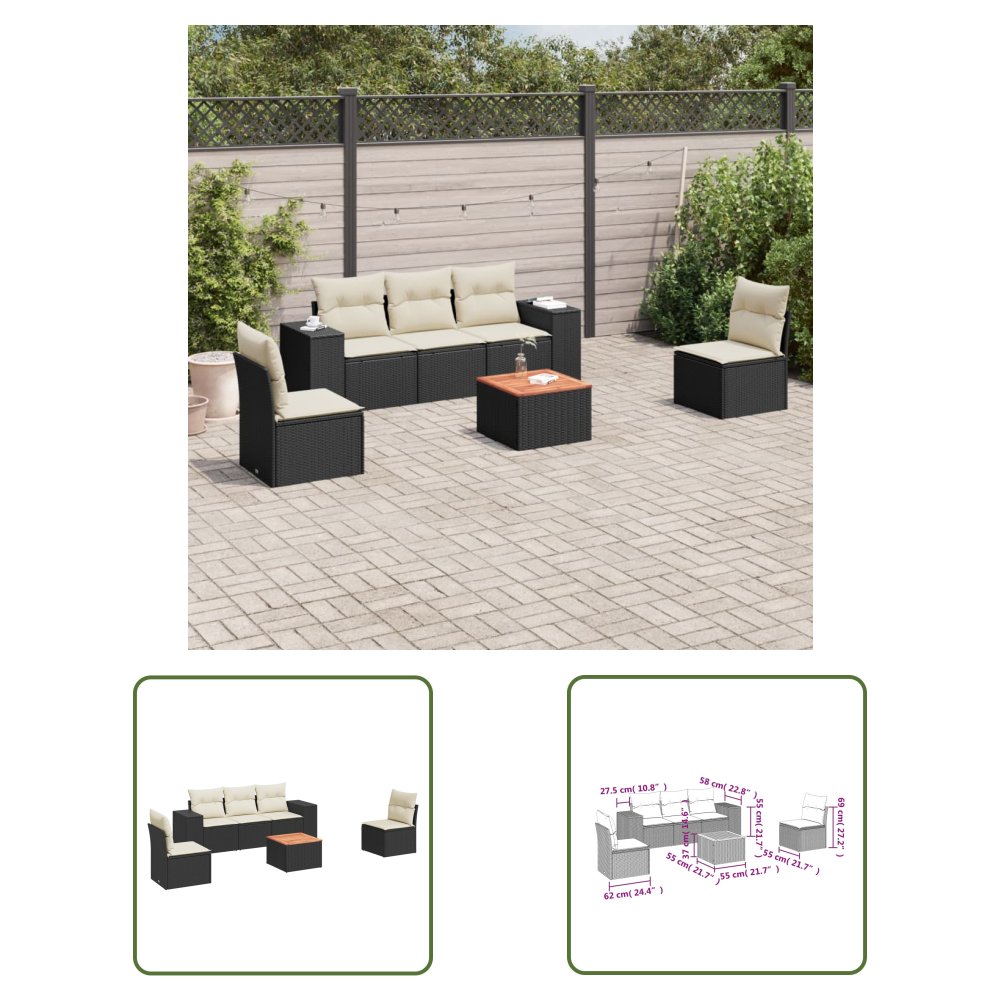 The Living Store 6-cz. zestaw mebli ogrodowych z poduszkami - czarny polirattan - Sofa Ogrodowa