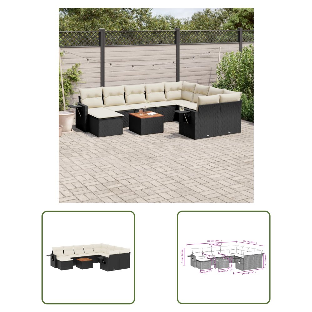 The Living Store 11-cz. zestaw wypoczynkowy do ogrodu - poduszki czarny rattan PE - Sofa Ogrodowa