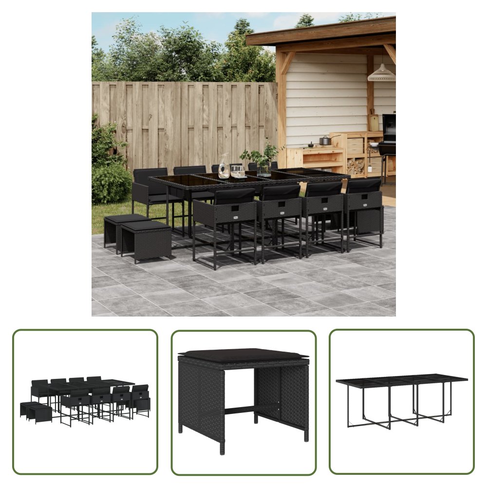 The Living Store 13-cz. zestaw mebli do ogrodu - poduszki - czarny - rattan PE - Meble Ogrodowe