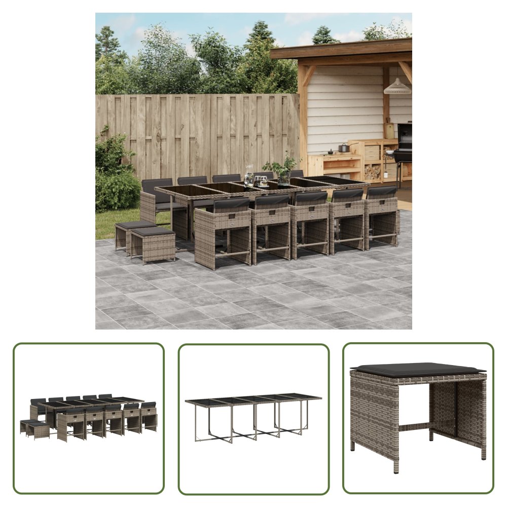 The Living Store 15-cz. zestaw mebli ogrodowych z poduszkami - szary - rattan PE - Meble Ogrodowe