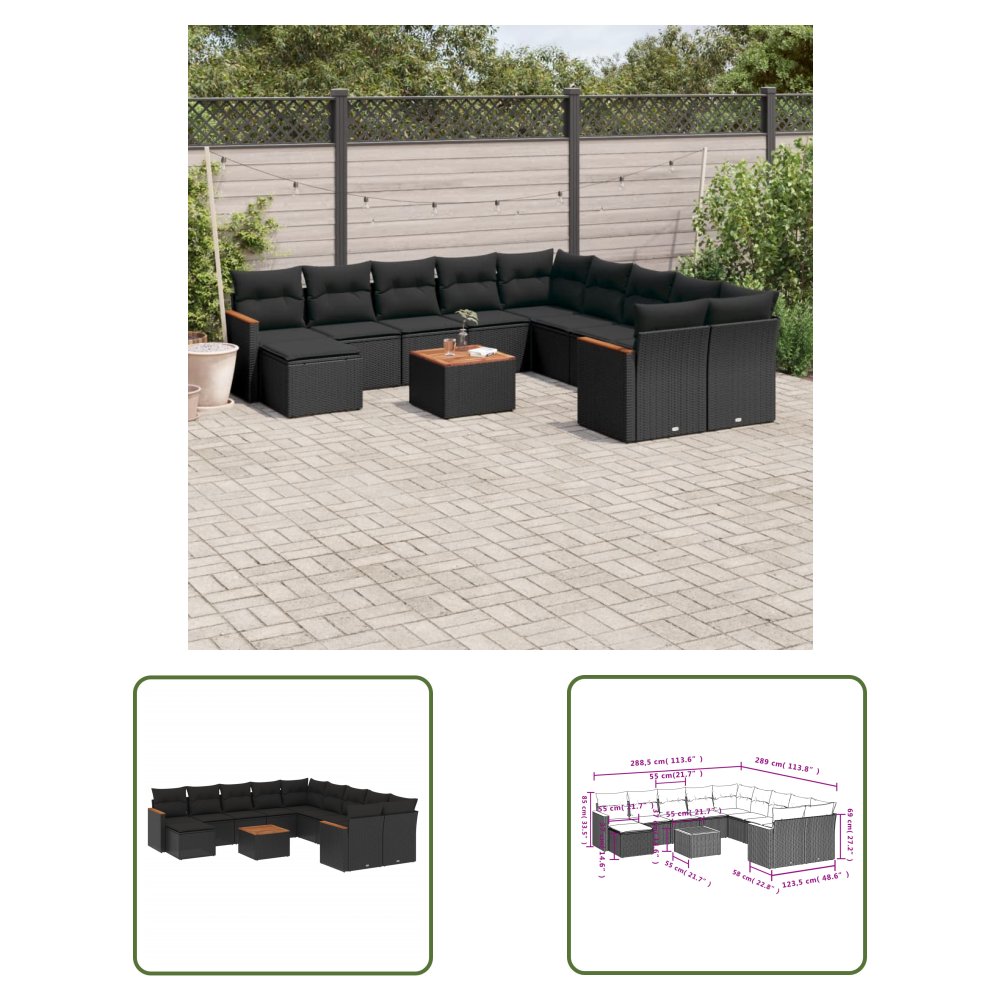 The Living Store 12-cz. zestaw mebli do ogrodu - z poduszkami - czarny - polirattan - Sofa Ogrodowa