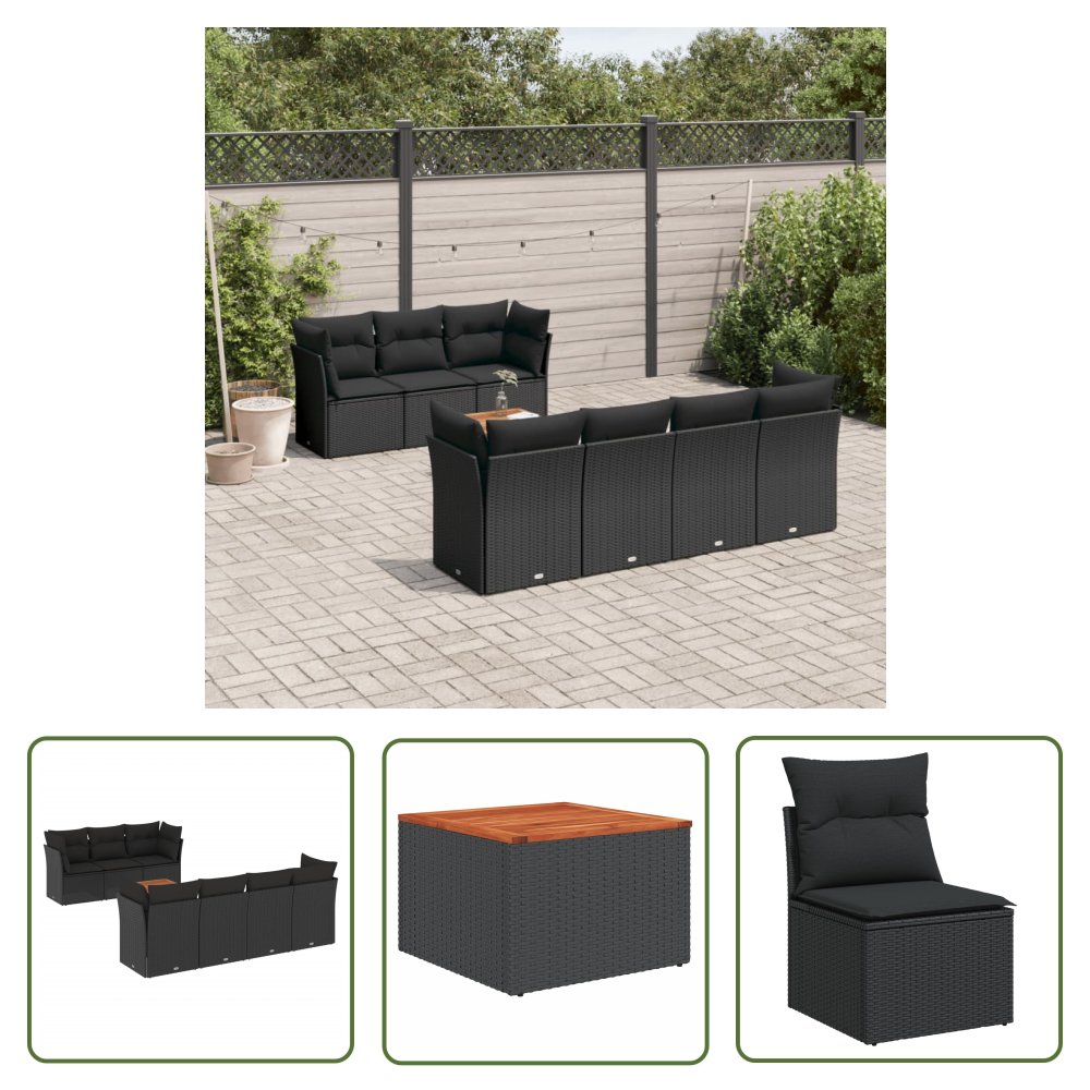 The Living Store 8-cz. zestaw wypoczynkowy do ogrodu - z poduszkami - czarny - Sofa Ogrodowa