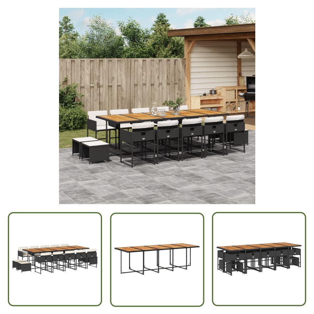 The Living Store 15-cz. zestaw mebli ogrodowych z poduszkami - czarny - rattan PE - Meble Ogrodowe