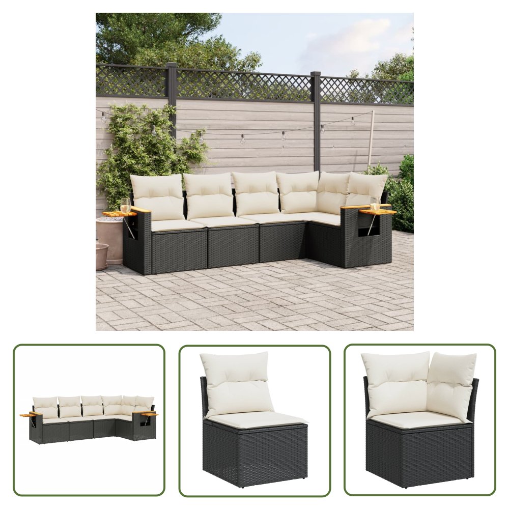 The Living Store 5-cz. zestaw wypoczynkowy do ogrodu - poduszki - czarny rattan PE - Sofa Ogrodowa