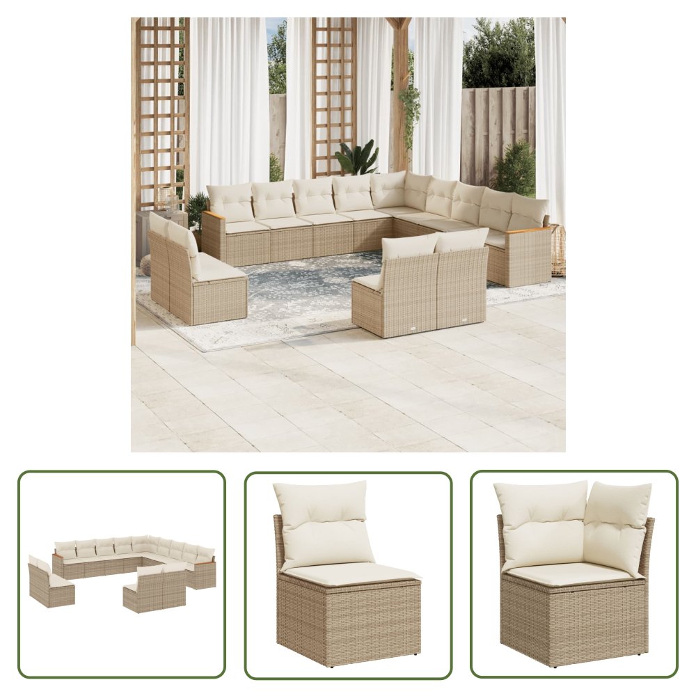 The Living Store 13-cz. zestaw mebli ogrodowych z poduszkami - beżowy - polirattan - Sofa Ogrodowa