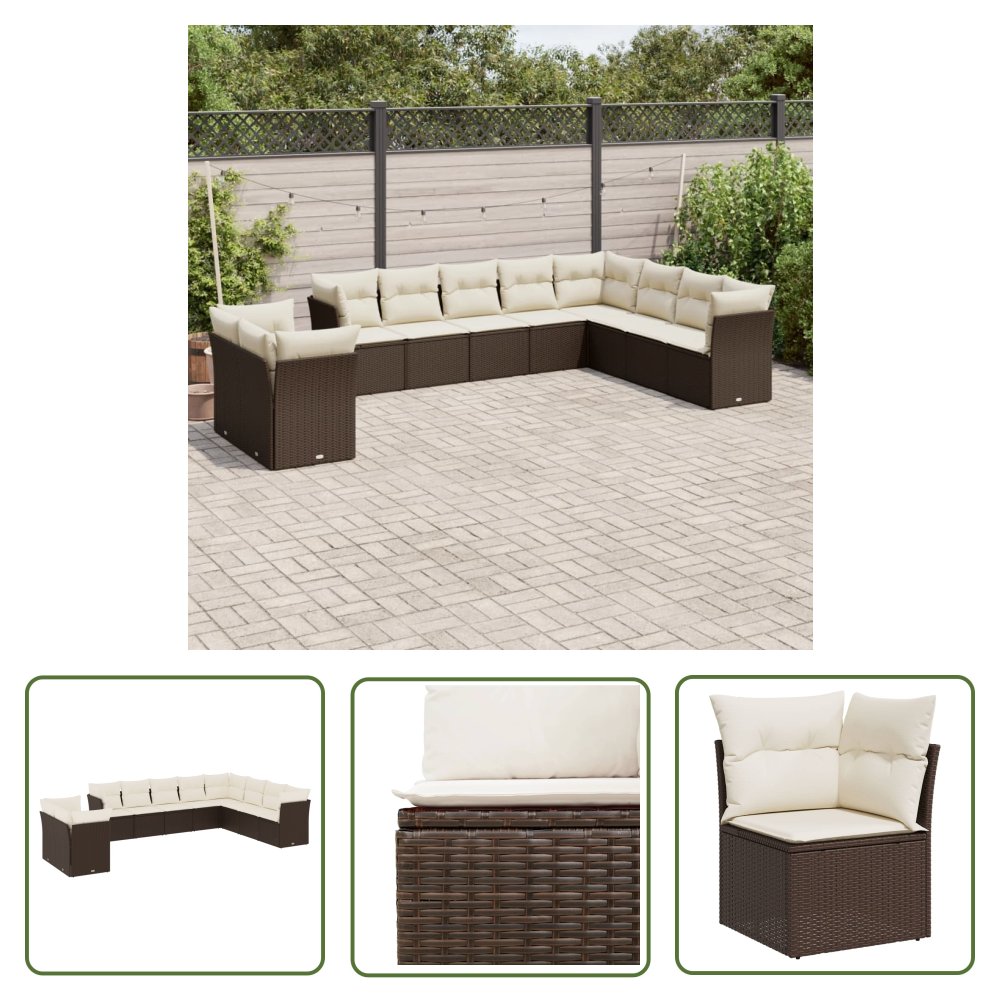 The Living Store 10-cz. zestaw mebli ogrodowych z poduszkami - brązowy polirattan - Sofa Ogrodowa