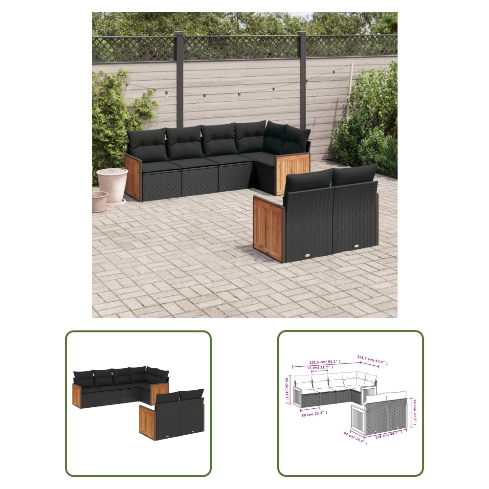 The Living Store 7-cz. zestaw wypoczynkowy do ogrodu - z poduszkami - czarny - Sofa Ogrodowa
