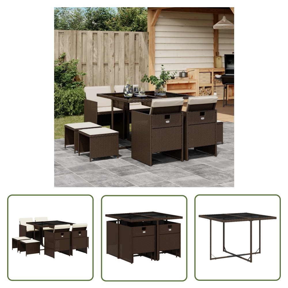 The Living Store 9-cz. zestaw mebli ogrodowych z poduszkami - brązowy - rattan PE - Meble Ogrodowe