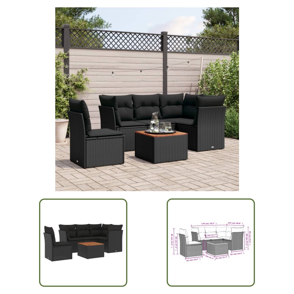 The Living Store 6-cz. zestaw mebli ogrodowych z poduszkami - czarny polirattan - Sofa Ogrodowa