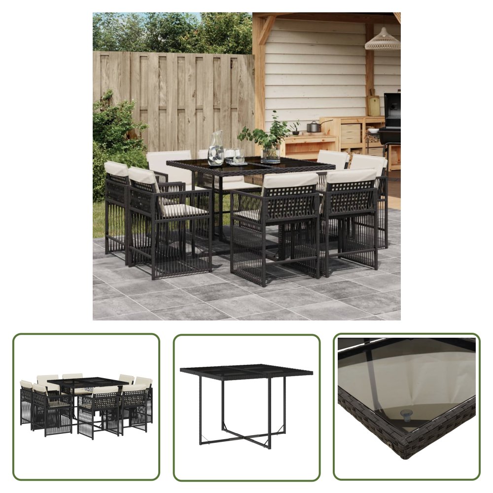 The Living Store 9-cz. zestaw mebli ogrodowych z poduszkami - czarny - rattan PE - Meble Ogrodowe